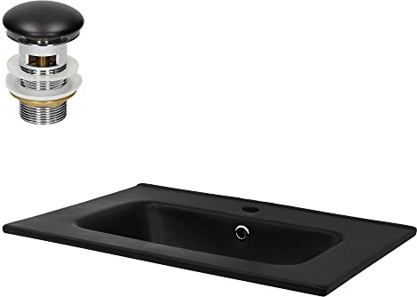 ML-Design Lavabo de Cerámica Encastrado 61x16,5x46 cm Negro Mate, Lavamanos Integrado Mueble Sanitario Baño o Aseo, Lavadero Moderno y Elegante, Pila Común Incluye Juego de Desagüe con Rebosadero