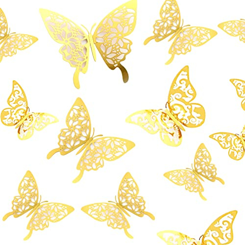 3D Schmetterlinge Deko, 24 Stück, 2 Stile, 3 Größen, Schmetterlinge Aufkleber Dekoration Wandtattoo Abnehmbare Wandaufkleber Heimdeko Wand Deko (Gold)