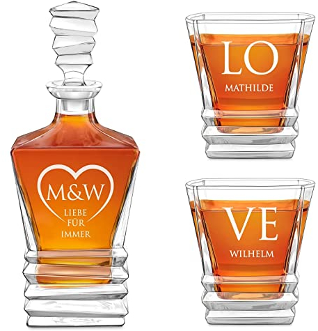 Maverton 800 ml Whiskey Karaffe + 2/4/6 Whiskygläser mit Gravur - Whisky Dekanter mit luxuriösem Design - Kristallglas für Paar zur Hochzeit - zum Hochzeitstag - zu Weihnachten - Love