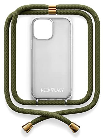 NECKLACY® - Die Premium Handykette für Apple iPhone 14 Pro in Dark Olive | transparente Handyhülle mit hochwertiger Kordel zum Umhängen - Smartphone Crossbody Case