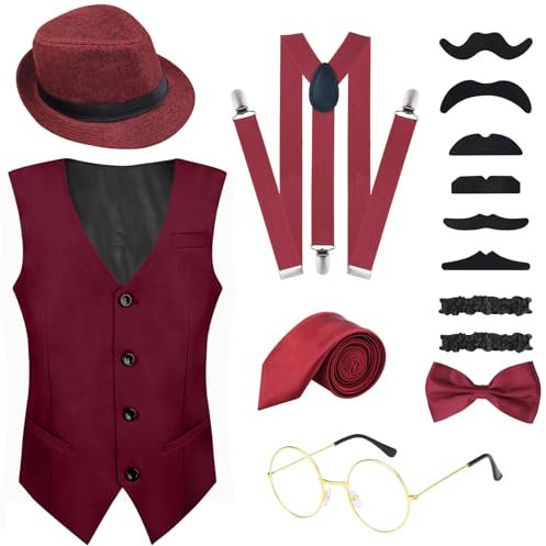 PLULON 16 Teilig 1920er Herren Kostüm Gatsby Gangster Weste Roaring 20s Herren Accessoires Set Kleidung Outfit mit Fedora Hut Hosenträger Fliege Vintage Taschenuhr Brille Bart für Herren