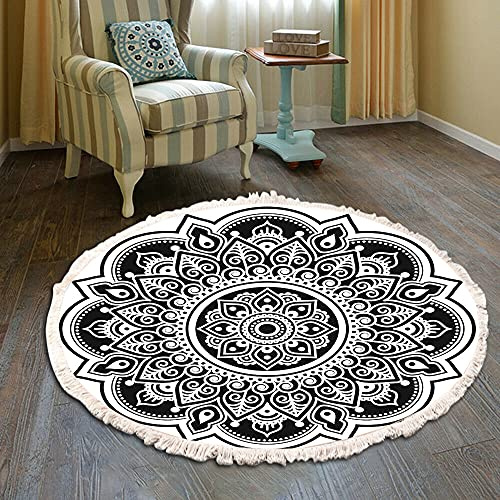 Duories Tapis rond en coton bohème vintage - Motif mandala Lavable machine Style Avec pompons Pour chambre à coucher, couloir, salon, table basse Fleurs de 90 cm #21
