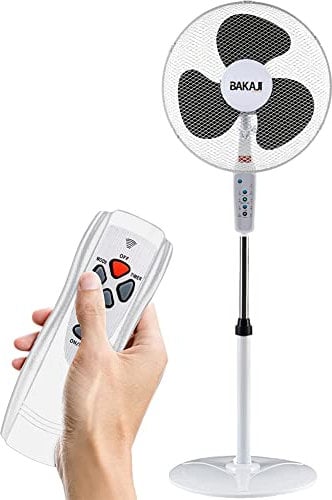 BAKAJI Ventilatore a Piantana con Telecomando, Potenza 50W 3 Velocità, Pale da 40 cm, Altezza ed Inclinazione Regolabile Fino a 130 cm, Funzione Timer, Base Rotonda, Oscillazione Orizzontale