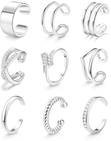 JeryWe Toe Rings for Women Non Tarnish Waterproof - 14K Gold Filled Adjustable Toe Rings Silver Simple Band Hug CZ Thin Chunky Toe Ring Dainty Summer Barefoot Beach Foot Jewelry for Women 9Pcs S