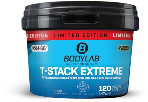 Bodylab24 T-Stack Extreme 120 Kapseln, Mischung aus verschiedenen Pflanzenpulvern (u.a. Maca & Ashwagandha KSM-66), B-Vitaminen, Zink und DAA, 100% vegan, ideal für männliche Athleten im Mukselaufbau