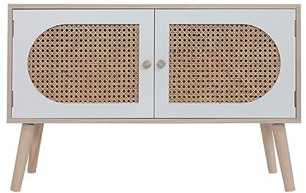 Rebecca Mobili Wohnzimmerschrank, Niedriges Sideboard, 2 Türen, MDF Rattan Holz, Weiß Braun, Boho Skandinavischer Stil - Maße HxBxT: 52 x 80 x 30 cm - Art. RE6852