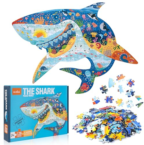 Kinderpuzzle, 128 Teile Ozean Hai Tier Puzzle Pädagogisches Spielzeug Holzpuzzle Jigsaw Kinder Lernspielzeug Geschenk für Jungen Mädchen ab 3 5-12 Jahren (Hai)