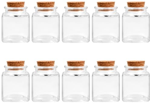 10 Pcs Mini Botellas de Cristal Cuadrado, 50ml Botes Cristal Pequeños, Frascos de Vidrio con Tapon Corcho, Tarros de Miel Transparente, Herméticos Botes para Especias Regalitos Fiesta Mermelada