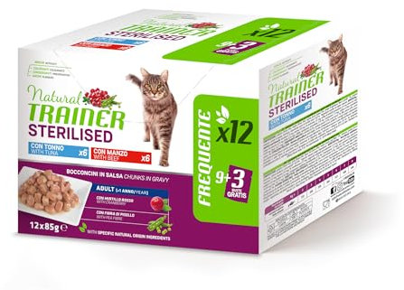 Natural Trainer Cibo Umido per Gatti Adulti Sterilizzati, Multipack Tonno e Manzo 12 x 85 g