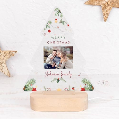Wanapix | Lampada 3D Personalizzata con Foto e Testo | Lampada Albero in Legno | Cavetto USB incluso | Luce LED Bianca | Decorazione Natalizia | 18x24 cm | Buon Natale