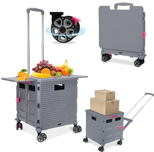 SELORSS BY10WX Foldable Shopping Trolley on 4 Wheels, 55L/80KG Large Capacity, Upgrade Flat Pull Style Collapsible Mobility Box Rolling Cart with Extended Lid, Grocery Dolly for Camping/Teacher, Grey