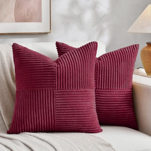 FDTERN 2er Set Weinrot Kordsamt Kissenbezug 50x50 Weich Dekorative Kissenbezüge Kissenhülle Dekokissenbezug Sofakissen Dekokissen Boho Deko für Sofa Schlafzimmer Wohnzimmer