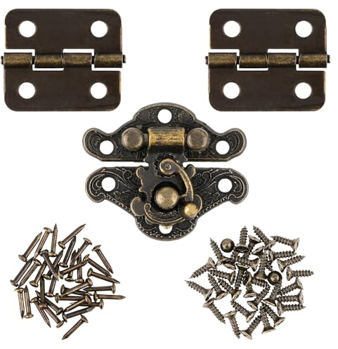 Lot de 17 petites charnières de boîte à bijoux pour boîte en bois antique avec crochet droit gravé, charnières à moraillon et protections de coins de boîte, charnières en bronze avec vis assorties
