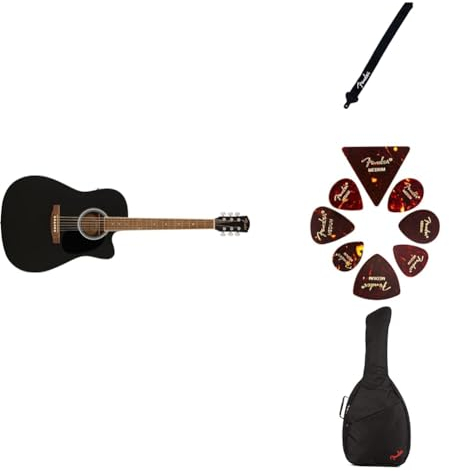 Fender FA-25CE Electro-Acoustic Guitar Kit, with Built-In Tuner and Controls, includes Strap, Picks, and Padded Gig Bag, Black Electro Acoustic