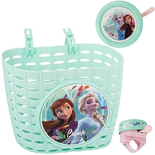 2 TLG. Set: Fahrradklingel + Fahrradkorb - die Eiskönigin - Frozen - UNIVERSAL Ding Dong - 2 Klang - Klingel für das Fahrrad/Jungen Mädchen - kleine Lenkerk..