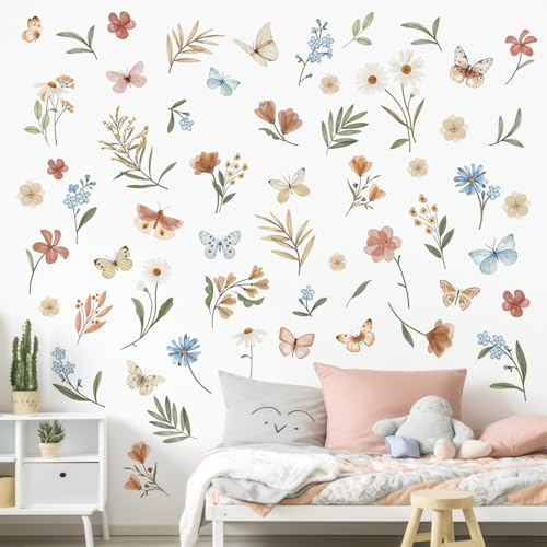decalmile Wandtattoo Kinderzimmer Boho Blumen Wandaufkleber Wildblume Schmetterlinge Wandsticker Schlafzimmer Wohnzimmer Babyzimmer Wanddeko