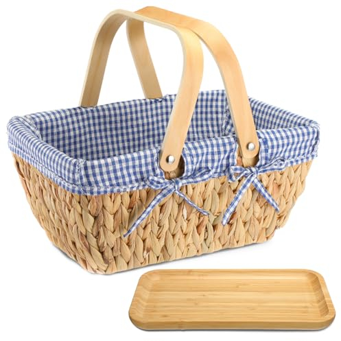 Tiangrid Paniers de pique-nique en osier et assiettes en bambou avec doublure et poignée pliable tissée à la main avec jacinthe d'eau naturelle - Panier cadeau pour pique-nique (bleu et blanc,