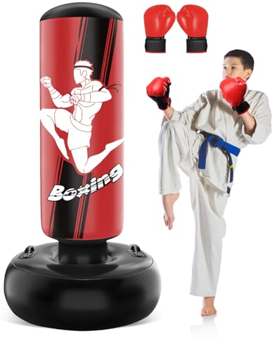 NZQXJXZ Sac de Frappe 165cm Gonflable pour Enfants avec Gants de Sac de Boxe Enfants pour la Pratique du MMA, du Karaté, du Taekwondo et pour soulager l'énergie de la Pentecôte