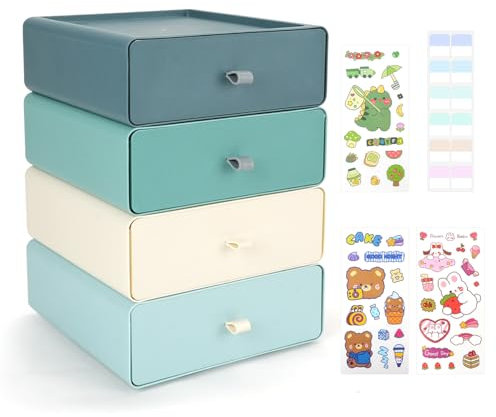TIE-DailyNec 4 Pack Desktop Storage Box, Stackable Makeup Organiser, Plastic Storage Desktop Drawers, Desk Supplies Storage Organiser for Office, Dorm, Bathroom, Bathroom (Morandi)