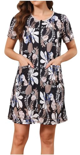 NSICBMNO Black Nightwear For Women Uk Cotton Dressing Gowns Lightweight Pyjamas Floral Print Dressing Gown Zip Up Housecoat Short Sleeve Bathrobe Short Nightdreses Nighties With Pockets