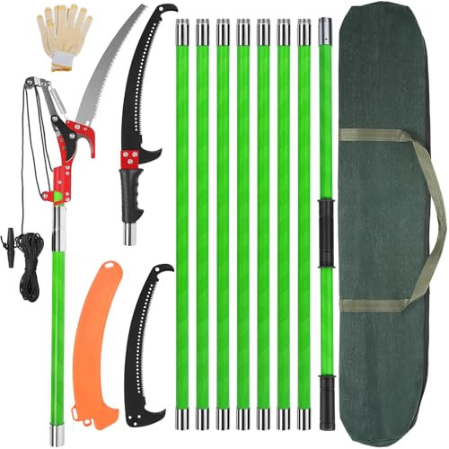 Scie à perche manuelle de 9 m, ensemble de ciseaux et 9 poignées en fibre de verre, sécateur à branches longues rétractables pour arrière-cour et jardin, coupe de buissons et élagage des palmiers