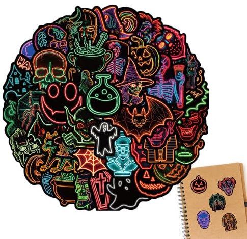 Yonuaret Halloween Stickers Neon - Horror Graffiti Stickers 50X - Adhesive Halloween Stickers for Party Decorations, Waterproof Laptop Decals, Scrapbook Stickers