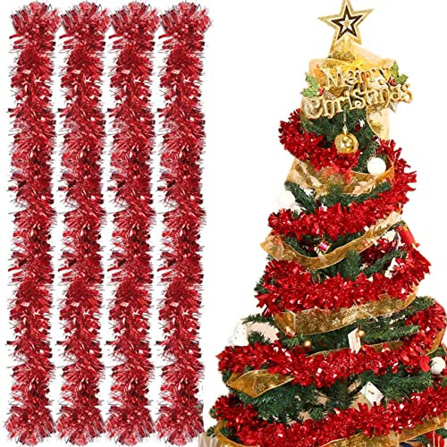 Kalamakala Weihnachtsgirlanden, 4 pcs Weihnachtsbaum Lametta Girlande, 2m Glänzend Weihnachtsbaum Ornamente, Weihnachtsdeko Lametta für Weihnachtsbaum Weihnachtsfeier (Rot)