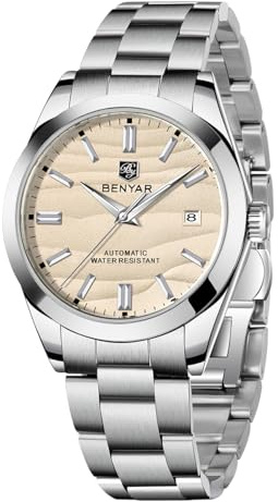 BENYAR Mechanische Herrenuhr Automatisches Uhrwerk 50M Wasserdicht Leuchtendes Datumsdisplay Einfach ablesbar Casual Business Edelstahl Herrenuhr