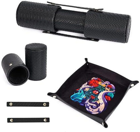 Cusdie 2 in 1 Dice Tray and 2 Dice Cups Foldable Tray Leather Dice Holder for DND Dice Game Table Games (Black)