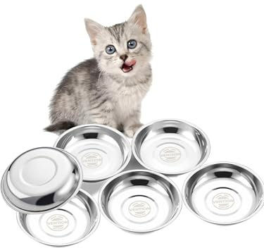 VENTION Shallow Stainless Steel Cat Bowl Whisker Friendly, Outer Dia. 14.6 cm Small Cat Dish, Set of 6 Replacement Kitten Bowls 320 ml for Raised Feeding Stand