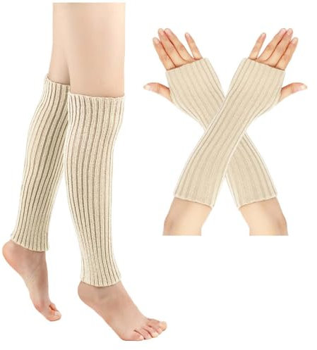 Damen Beinstulpen Pulswärmer Set Elastische Frauen Winter Crochet Stricken Lange Armstulpen Gestrickte Winter Warme Halbfinger Lange Gestrickt Beinwärmer Legwarmers für Yoga Tanzen (Beige, One Size)
