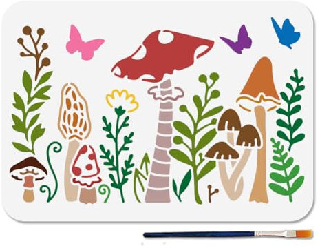 MAYJOYDIY Pilz Malschablone Dschungel Pilz Schablone 29.7 × 21cm Mit Pinsel Dschungelpflanzen Schablone Schmetterlingsblatt Vorlage Für Holz Wände Fenster DIY Basteln Heimdekoration