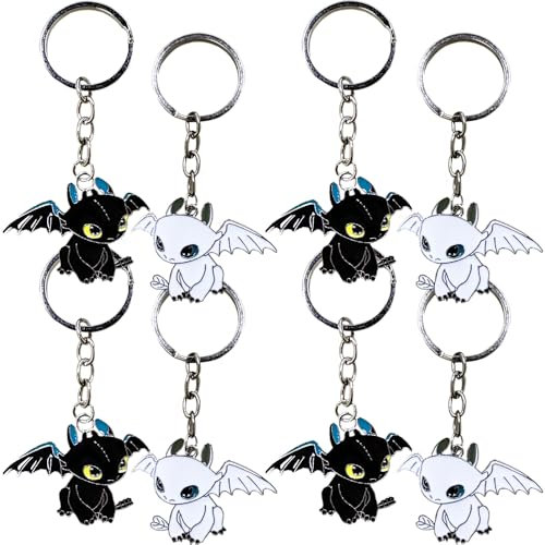JAHEMU Dragon Porte-Clés Krokmou Porte Clé Dragons Pendentif Dessin Animé Porte-Clés Couple Pendentif Clé Anniversaire Saint Valentin 8 Pièces (Blanc, Noir)
