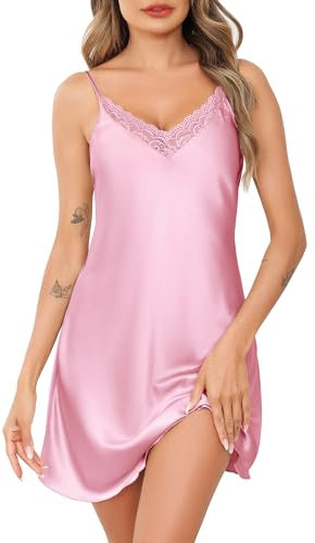 Wikoan Nuisette Femme Sexy Satin Chemise de Nuit Courte Bretelles Reglables Robe de Nuit Sexy Nuisette Dentelle Col V Chemise de Nuit Soie Ete Rose Foncé S