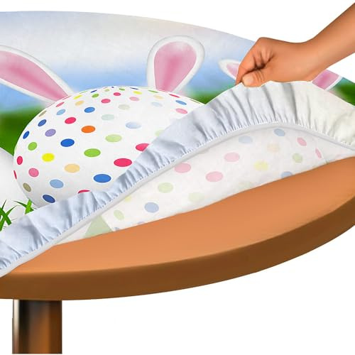 Hixingo Rund Tischdecke 3D Ostern Tischdecke, Elastisch Tischdecken Mit Gummizug Rand Abwaschbar Indoor Tischtuch für Frühling, Ostern Party (90cm,Gepunktete Eier)