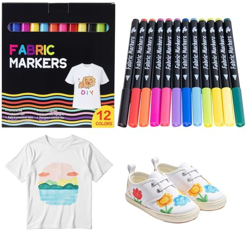 BLISSIQUEE 12 Textilstifte Waschmaschinenfest, Textilfarbe Waschmaschinenfest Permanent Stoffmalstifte Textilmarker für T-Shirts, Stoffbeutel zum Bemalen, Stoffbeutel, Schuhe, Basteln, Geschenk