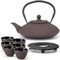 Bredemeijer Gusseisen Teekanne 1.25 Liter Induktion - flache Asia Gusskanne aubergine im Set mit 6 Teebecher (Tassen) & Untersetzer & Teefilter-Sieb-Einsatz