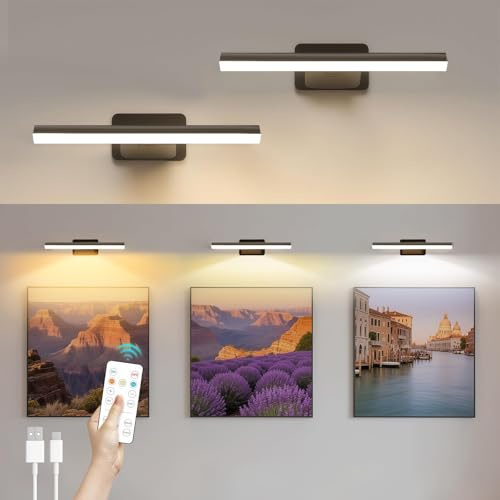 AMFUN Picture Lights for Wall, Wireless Picture Lights with Remote, 3 Color Temperatures Cordless Dart Board Light, Dimmable/Timer, for Painting, Bedroom, Living Room (Black)