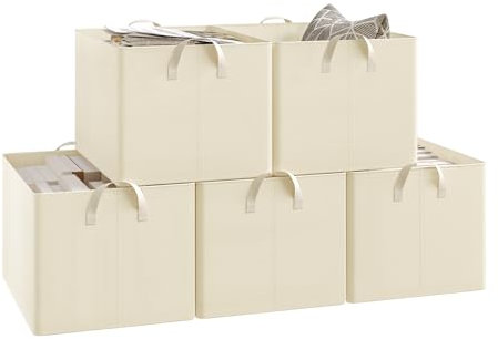WOLTU Aufbewahrungsbox 5 Stück, aus Polyesterstoff, für Schlafzimmer, Arbeitszimmer, Wohnzimmer, Organizer Box mit Griffen, für Kleidung Spielzeug, faltbar, Creme, 47x30x35 cm