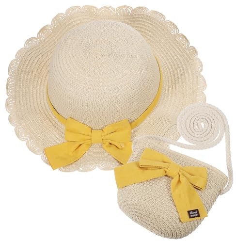 REYOK Girls Summer Straw Hat and Purse Set with Yellow Bow UV Protection Beach Hat and Crossbody Bag for Kids Aged 4-6 Summer Travel Outfit Holiday Accessories