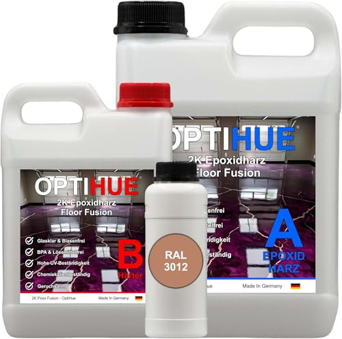 Optihue Epoxidharz Bodenbeschichtung Garagenboden Bodenfarbe 2K Harz&Härter Garagenbeschichtung,Profi Qualität, Epoxy Gießharz geruchsarm Boden Werkstattboden (RAL 3012 Beigerot)