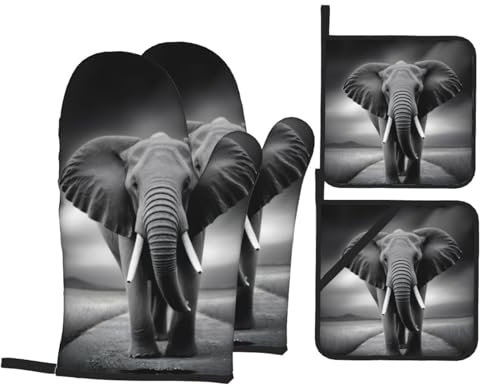 Elephants Art Oven Mitts And Potholders Sets Of 4,Waterproof,Heat-Resistance Up To 500°f,Microwave Baking Oven Gloves,Chef Kitchen Cooking Baking Bbq Gloves,Cooking Mittens