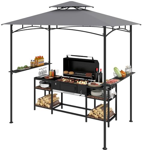 COSTWAY 2.5M (8ft) Grill Gazebo, Fire Resistant Waterproof Outdoor BBQ Shelter with 2 Side Shelves, Hooks and Bottle Opener, Double Tiered Grill Canopy for Patio Garden (Grey)