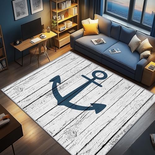 AevuCub Maritim Deko, Nautische Anker Teppich 60x90 Kurzflor, Kleiner Teppich Wohnzimmer Rustikale Holzoptik, Weich rutschfest Waschbare Teppiche, Bettvorleger Schlafzimmer Kinderzimmer