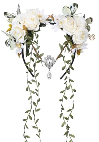 MOSTORY Weiße Feen-Blumenkrone für Frauen, Blumenranke, Feen-Stirnband mit Schmetterling, für Renfaire, Cosplay, weiße Hochzeit
