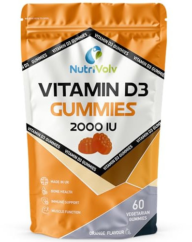 Vitamin D3 Gummies 2000 IU | 60 Chewable Vitamin D Gummies | Vegetarian | Gluten-Free | Sugar Free | Non-GMO | Orange Flavour | High Strength Vitamin D Supplement | Immune Support | by NutriVolv