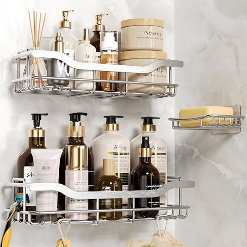 OMAIRA 3-Pack Shower Caddy with Soap Holder, Adhesive Rustproof No-drill Strudy Loading Inside Shower Organizer Shelves Rack Storage Bathroom Organization for Smooth Wall Glass Tile, Silver (XX-Large)