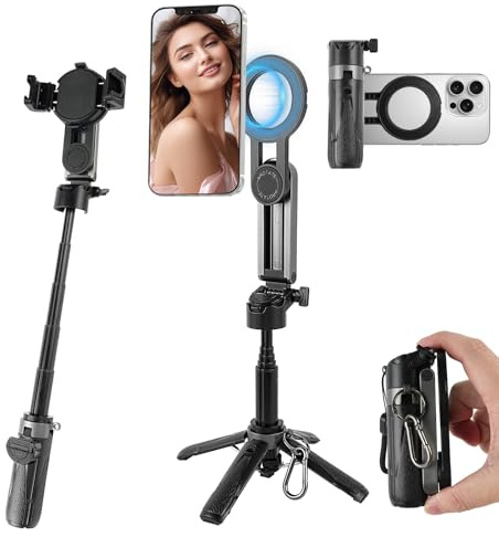 WOVTE 4-in-1 Magnetic Selfie Stick, Portable Pocket MagSafe Tripod for iPhone with Detachable Remote, 360°Rotation iPhone Selfie Stick Tripod for Video Recording, Photograph, Live Streaming, Travel