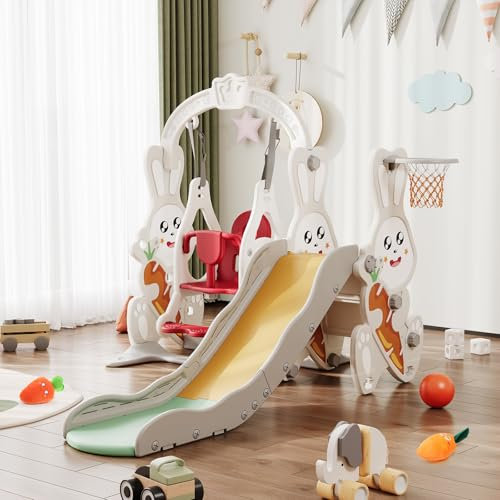 LIVLUX Toboggan pour Enfants 4 en 1,Intérieur et Extérieur Toboggan avec Balançoire, Panier de Basket et Échelle d'escalade,Design Lapin, pour Enfants de 1 à 6 Ans. (Blanc)