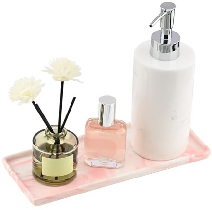 YoHyien Ceramic Vanity Tray, Bathroom Tray Organiser, Decorative Trinket Dish for Dresser, Rectangle Jewellery Plate for Cosmetics, Perfume, Soap Dispenser, Candle (Pink)